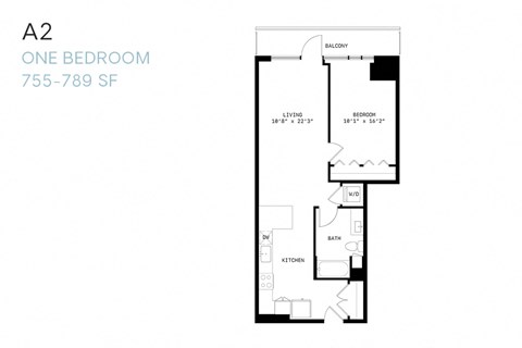 Floor plan for 1 bed, 1 bath, 789 sqft